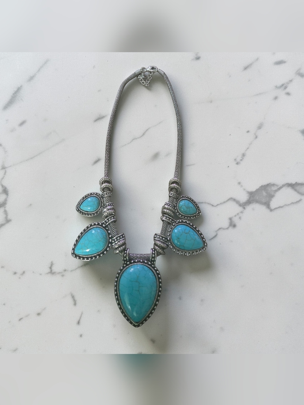 Statement Turquoise Teardrop Necklace - Turquoise Silver Tone